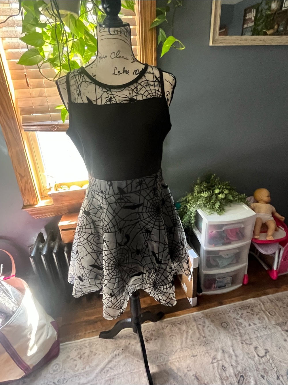 Spirit Black Spider Web & Bats Fit & Flare Dress Large Cosplay Halloween Party